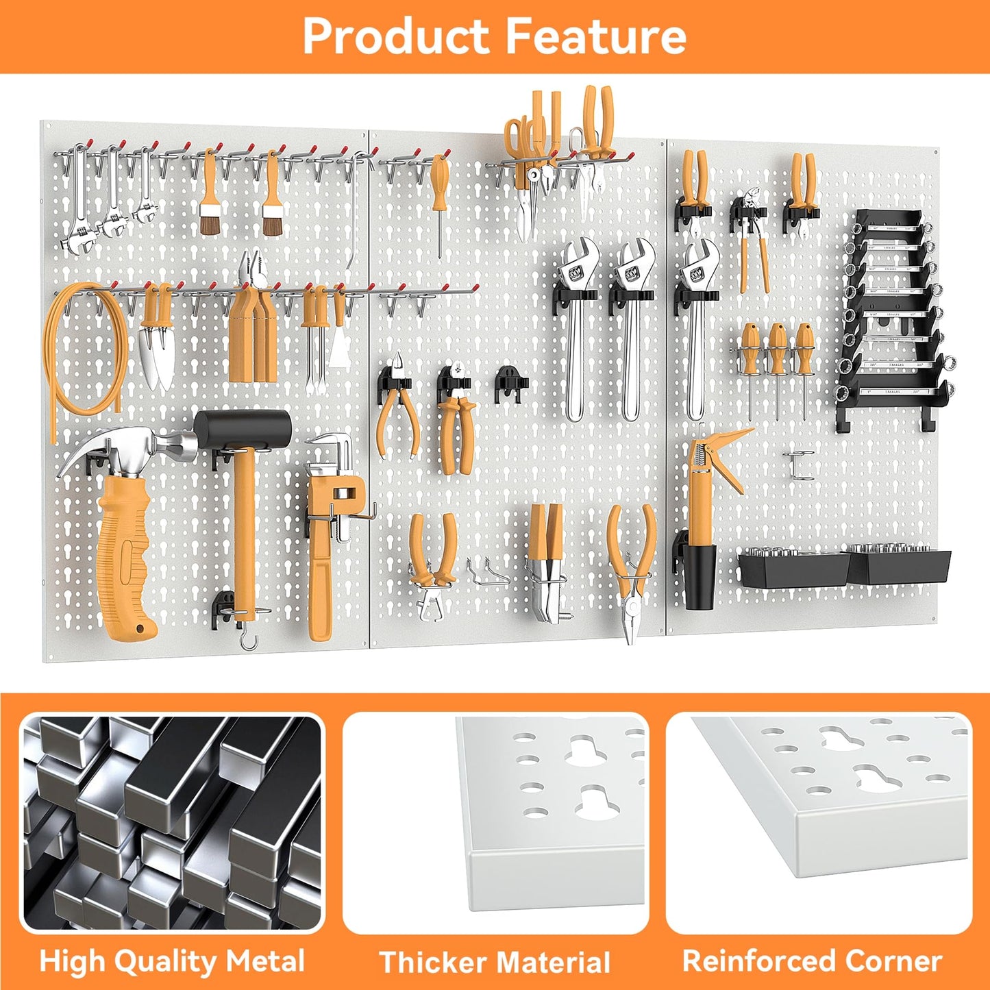 WALMANN Metal Pegboard Tool Organizer Boards with Pegboard Hooks, 24x48 in Tools Organizer Pegboard for Garage, Workbench, Peg Board, Tool Storage Board with Hooks(Grey)