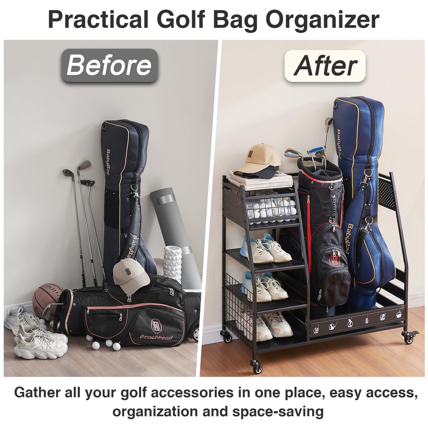 Lauren&Harold Golf Bag Organizer Garage Storage, Golf Storage Rack Stand