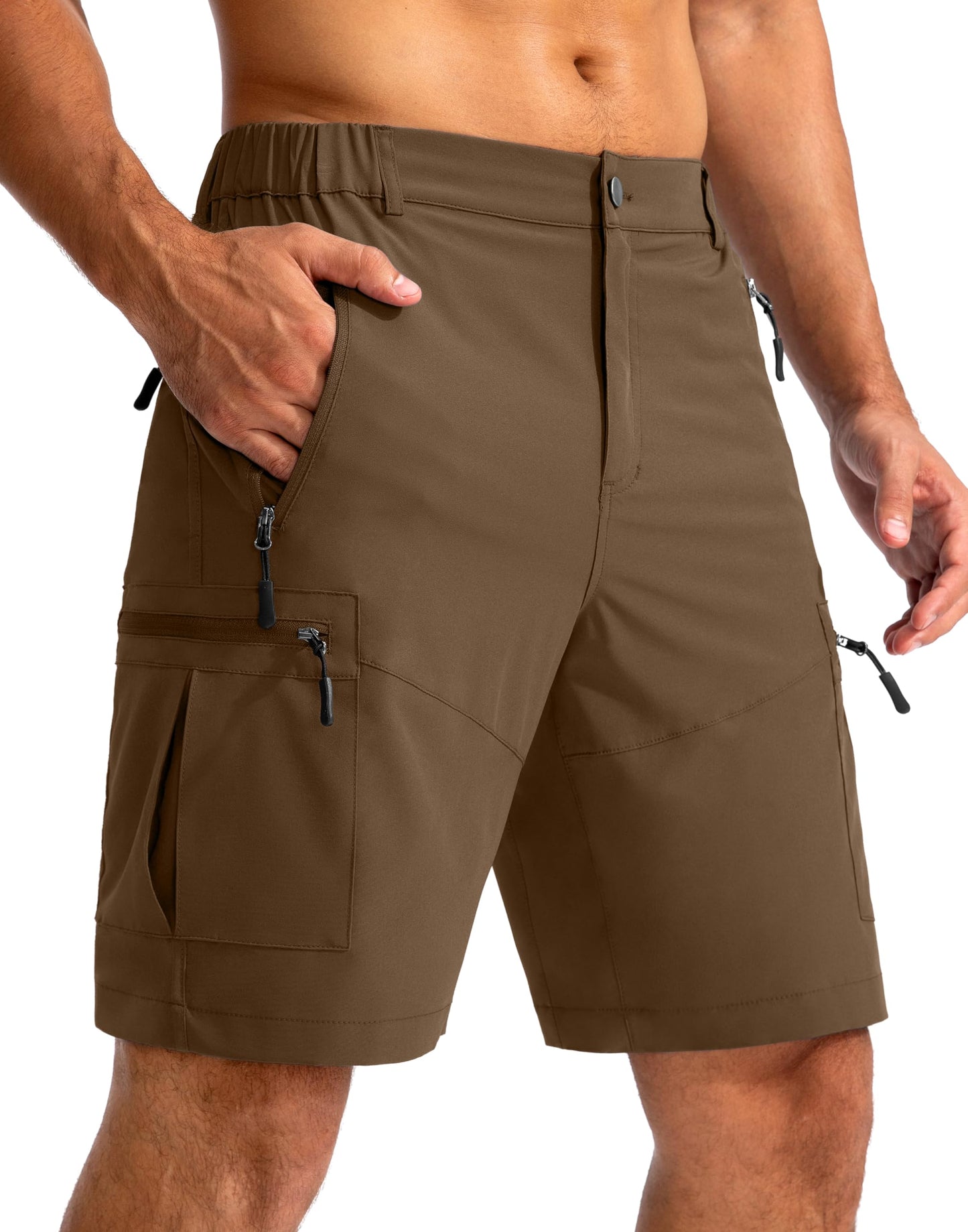 Pudolla Men's Hiking Cargo Shorts 9" Lightweight Outdoor Work Shorts for Men Travel Golf Camping Casual with 5 Zipper Pockets(Brown Medium)
