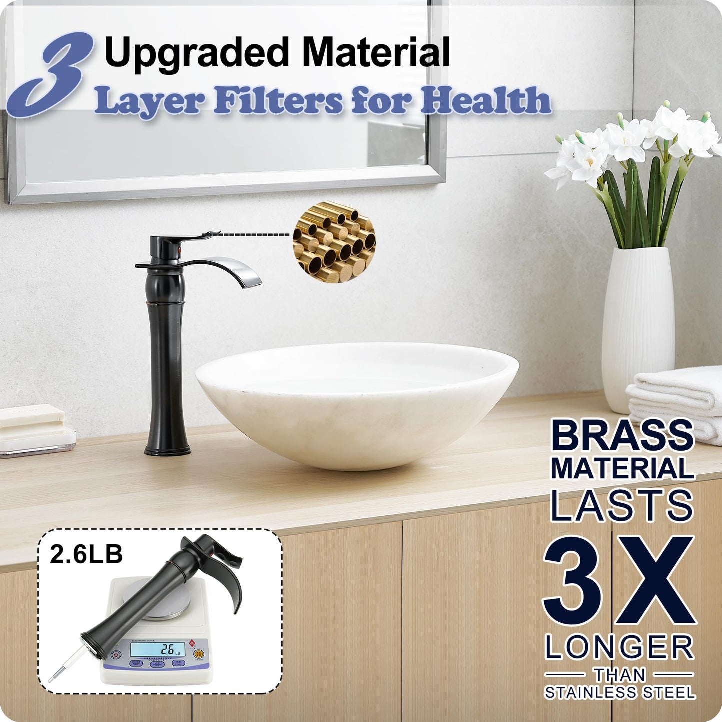 HOIGY Vessel Sink Faucet Oil Rubbed Bronze, Brass Tall Bathroom Faucet Waterfall 1 Hole, Bathroom Faucets Single Handle Bathroom Sink Faucet Bronze with Pop-Up Drain & Water Hoses for Farmhouse