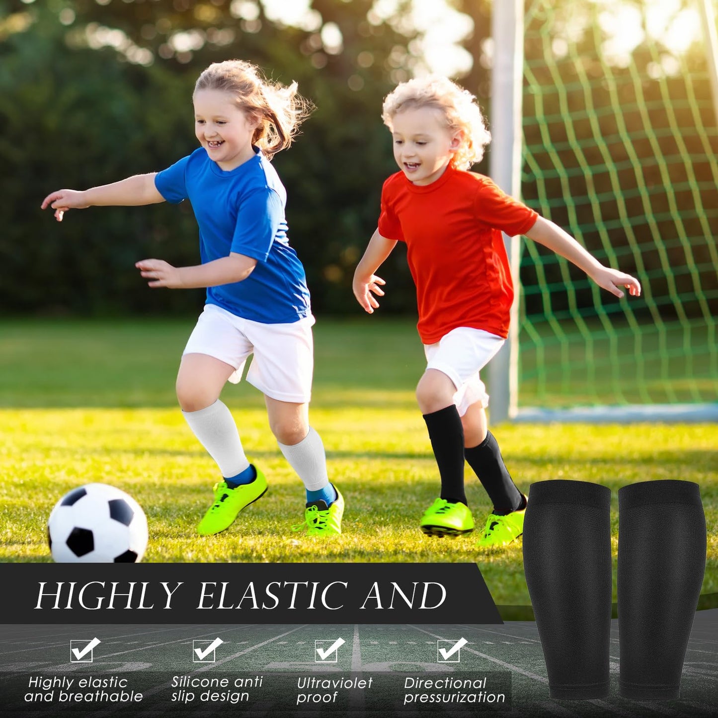 Tarpop 4 Pairs Kids Soccer Leg Sleeves Long Compression Leg Sleeves for Youth Football Protection Calf and Shin Support(Black, White)