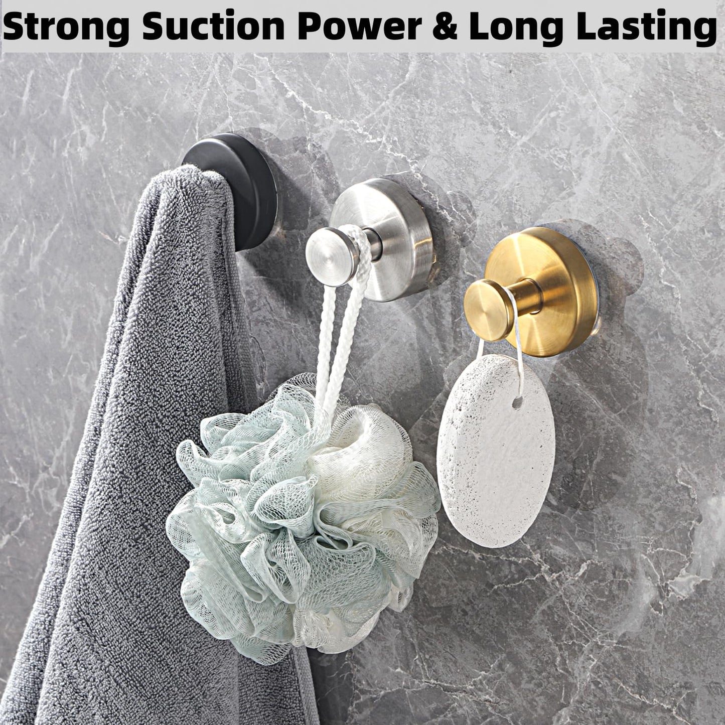 Suction Cup Hooks for Shower Wall, Luxegrip No Drill Hook, Removable Reusable Stainless Steel Towel Hooks, Shower Hooks for inside shower, Kitchen, Glass Door, Window, Mirror, smooth tile (4, Gold)