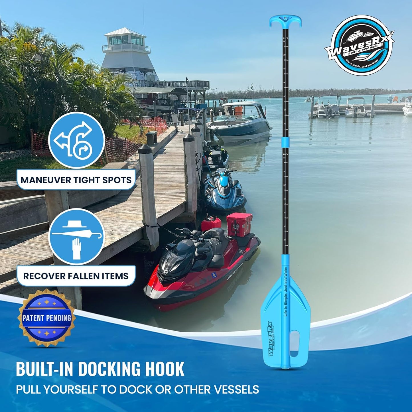 WAVESRX Telescoping Paddle - Adjustable 24" to 54" with Docking Hook & Depth Gauge | Essential Boating Accessory