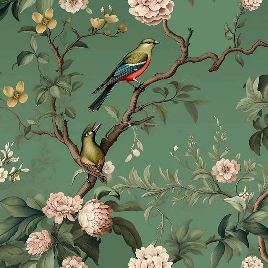 VEELIKE Vintage Green Bird Wallpaper Peel and Stick Chinoiserie Floral Wallpaper Removable Prepasted 17.7''x118'' Green Floral Wall Mural Self Adhesive Renter Friendly Wall Deco for Bedroom Bathroom