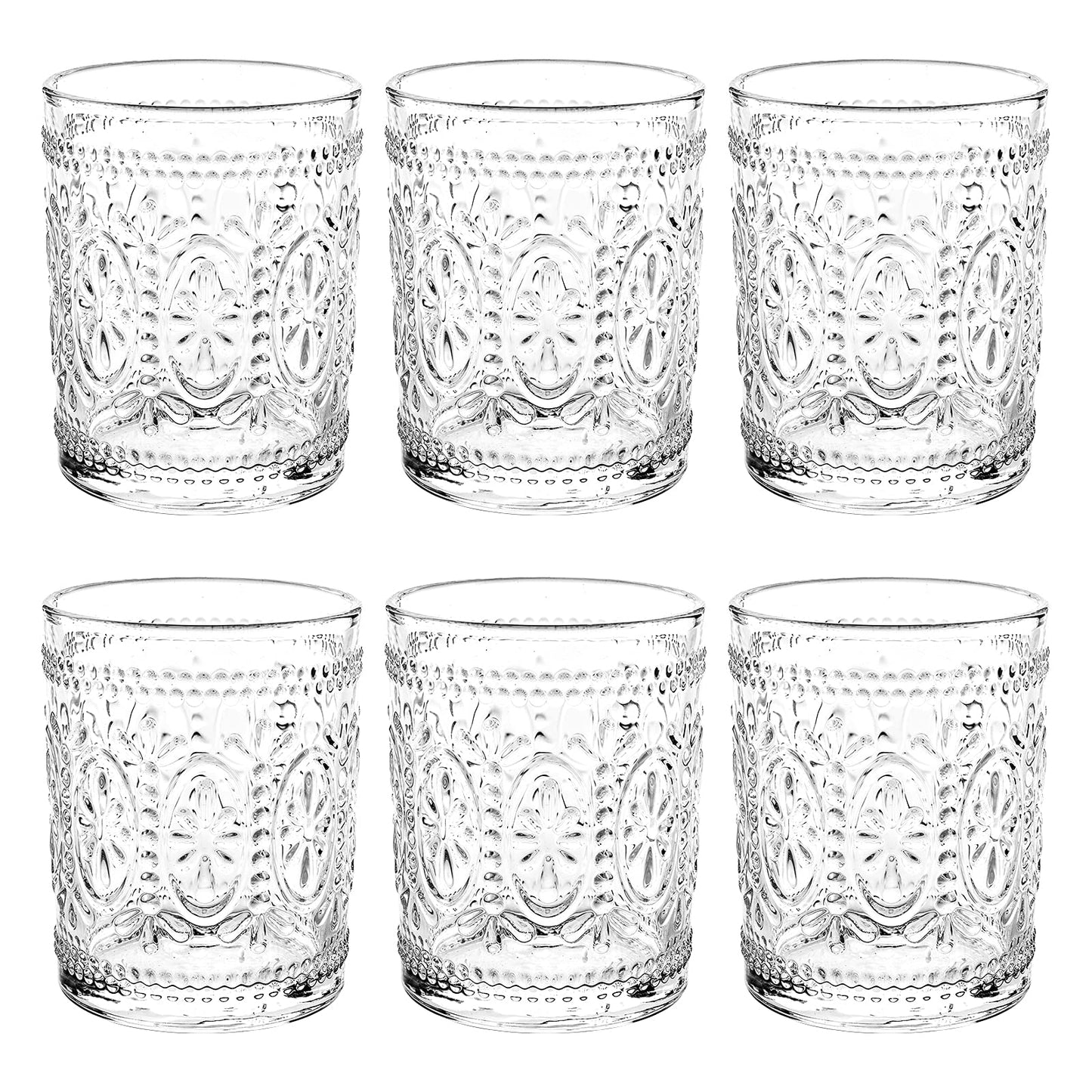 Bekith 6 Pack Drinking Glasses, 9.5 oz Romantic Water Glasses, Clear Embossed Glass Cups Vintage Glassware Set for Whisky, Juice, Beverages, Beer, Cocktail