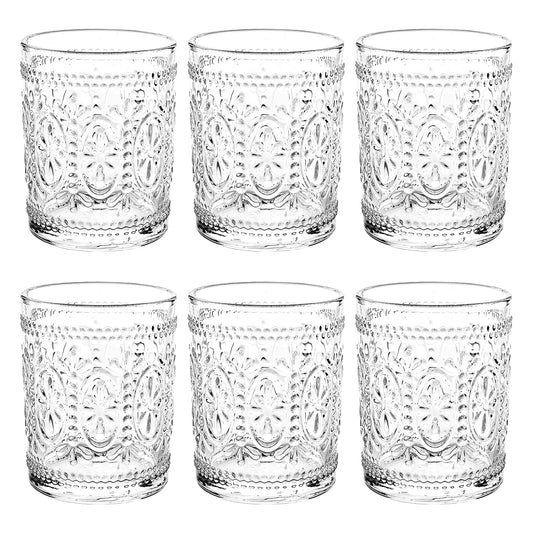 Bekith 6 Pack Drinking Glasses, 9.5 oz Romantic Water Glasses, Clear Embossed Glass Cups Vintage Glassware Set for Whisky, Juice, Beverages, Beer, Cocktail
