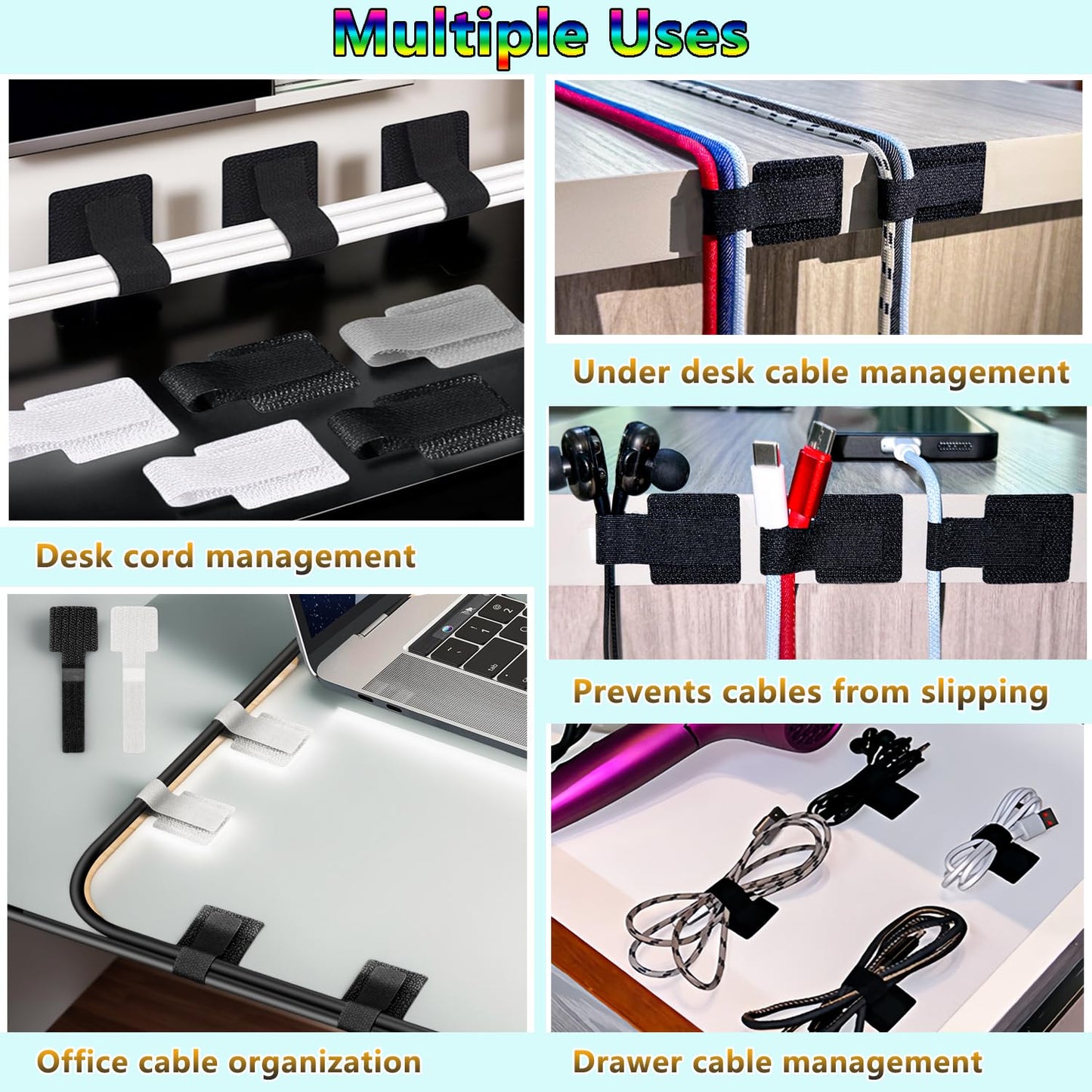 Under Desk Cable Management, Wire Organizers for Cords - Upgrade 48 PCS Sticky Back Self Adhesive Cable Ties, Hook and Loop Straps for Home or Office Use