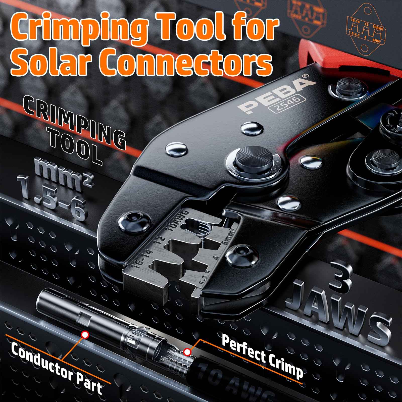 PEBA Crimping Tool Kit, Solar Crimper for AWG 16-10 Solar Panel Cable Wire, with 6 Pairs IP68 Solar Connectors and 1 Pair Solar Connector Spanner Wrench | Ratchet Crimp Tool Kit - Solar Installation