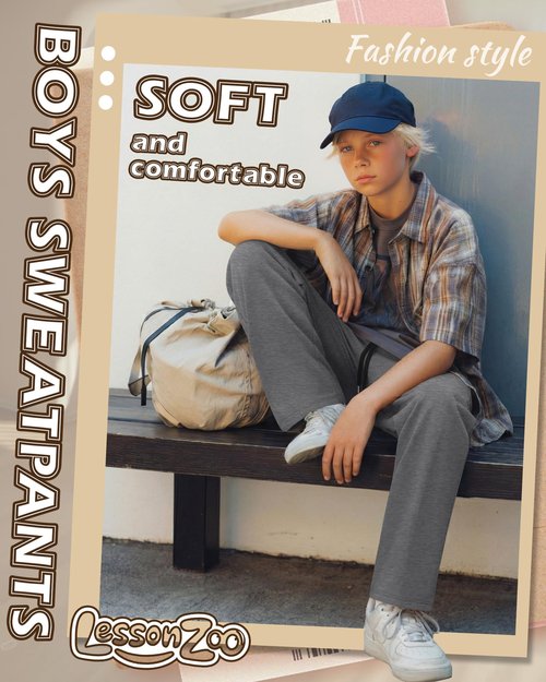 LessonZoo 3 Pcs Boys Sweatpants Wide Leg Open Bottom Drawstring Elastic High Waist Joggers Baggy Athletic Pants with Pockets(Black, Light Mixed Gray, Gray,13-14 Years)
