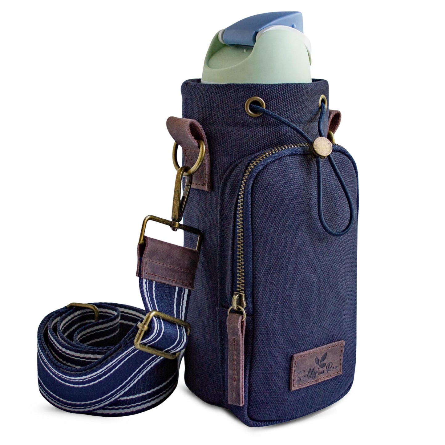 Solly and Rue Water Bottle Holder with Strap & Pocket – Crossbody Navy Water Bottle Carrier - Genuine Leather & Durable Cotton Canvas – Fits 16 to 32 oz Bottles – Ideal For Travel & Outdoor Use