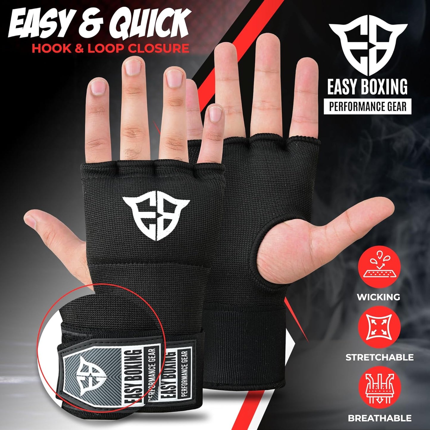 Skiennix Inner Gel Gloves - Breathable Wrist Wraps with Hook and Loop Closure for Boxing & MMA | Black, 75cm