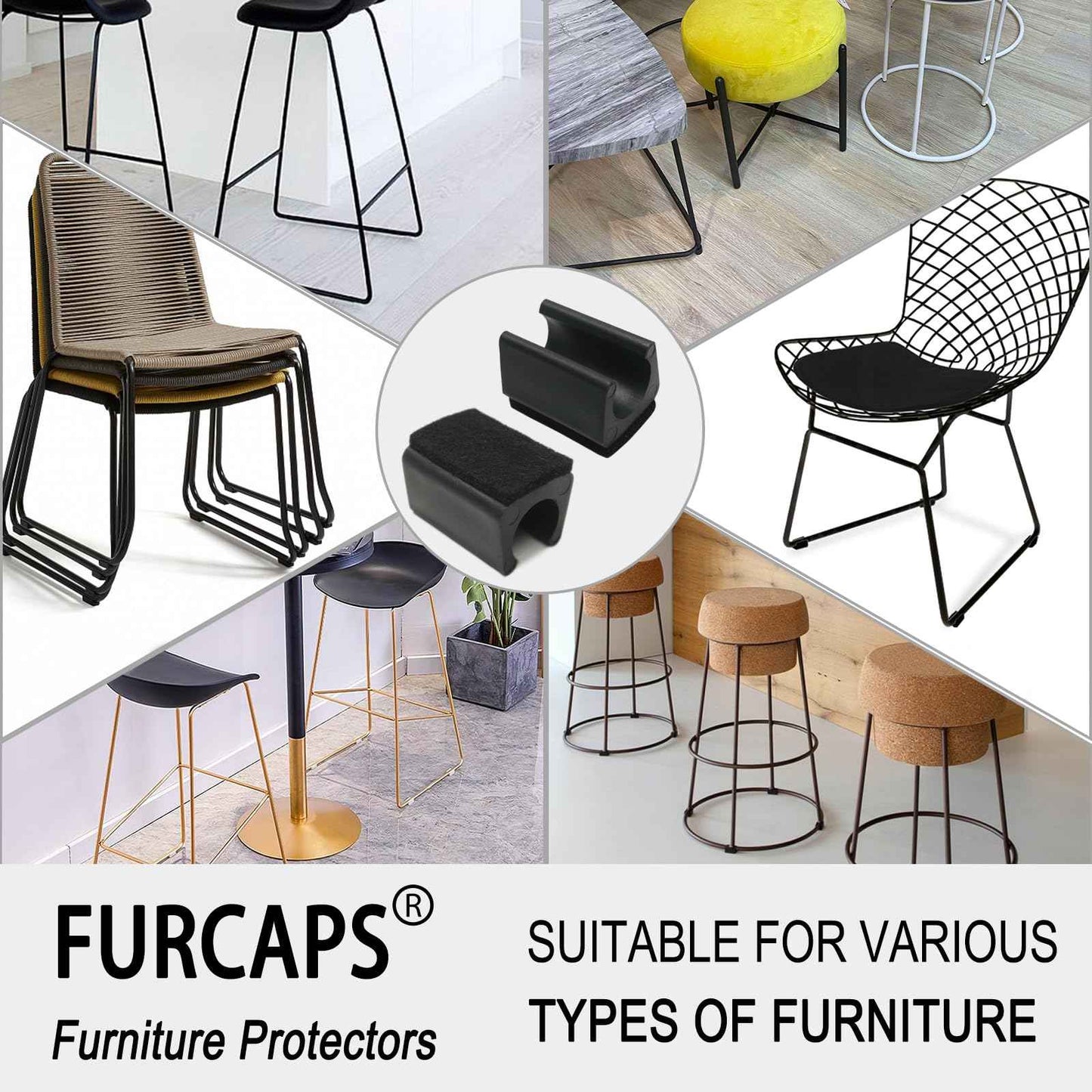 Rectangle U Shaped Chair Leg Tips Cap with Felt Pads,Furniture Feet Protector Slide Smoothly Glides,Protect Hardwood Floor No Scratches No Noise,Fit 16mm(5/8inch) Diameter Tubular Legs (Black 32PCS)