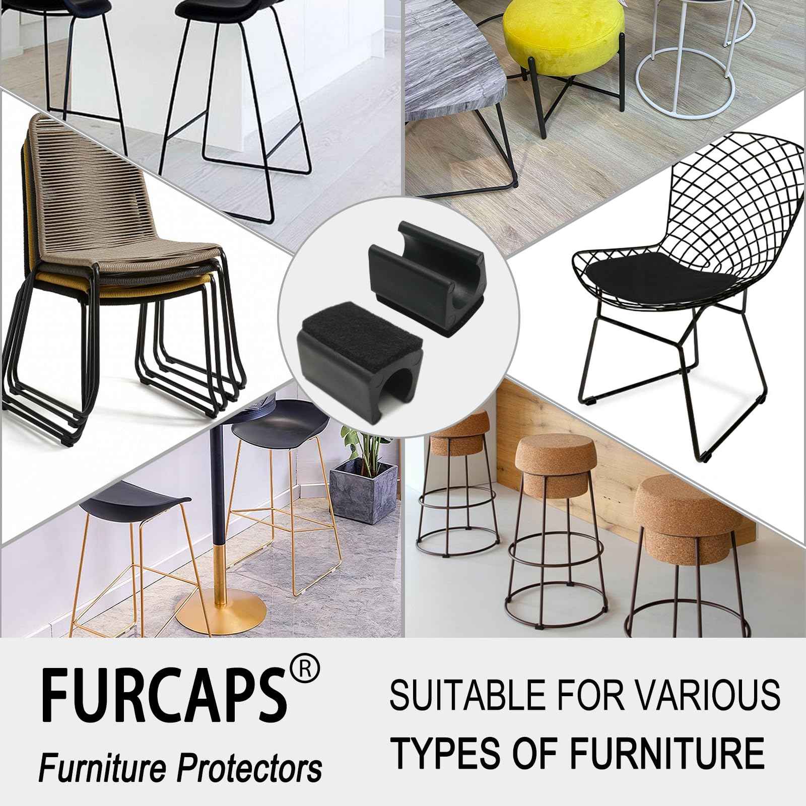 Rectangle U Shaped Chair Leg Tips Cap with Felt Pads,Furniture Feet Protector Slide Smoothly Glides,Protect Hardwood Floor No Scratches No Noise,Fit 16mm(5/8inch) Diameter Tubular Legs (Black 32PCS)