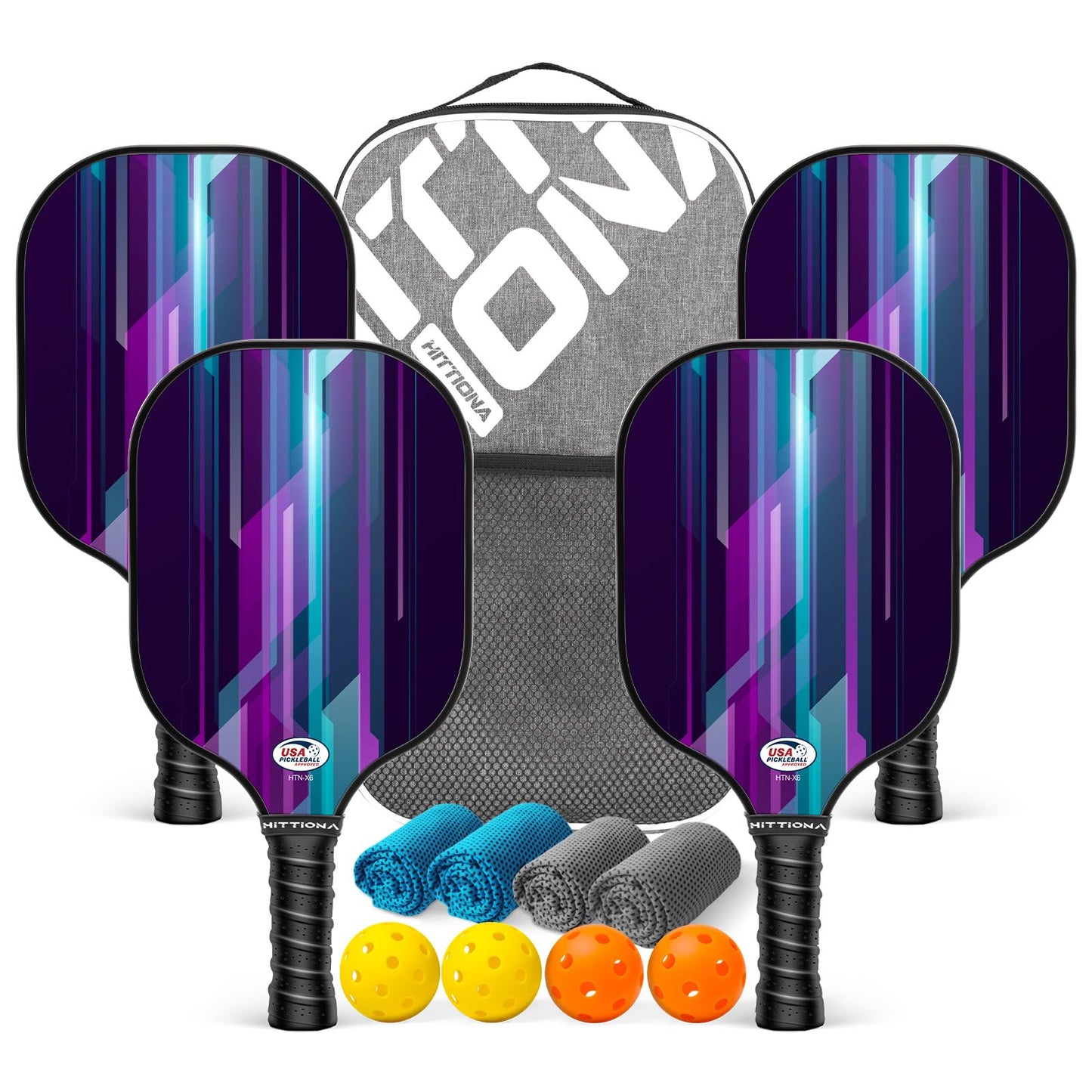 HITTIONA Pickleball Paddles - Fiberglass Pickleball Paddles Set of 4, USAPA Approved Pickle Ball Rackets 2 Pack with 4 Pickleball Balls, 1 Pickleball Bag, Paddles Ball Set for Beginners