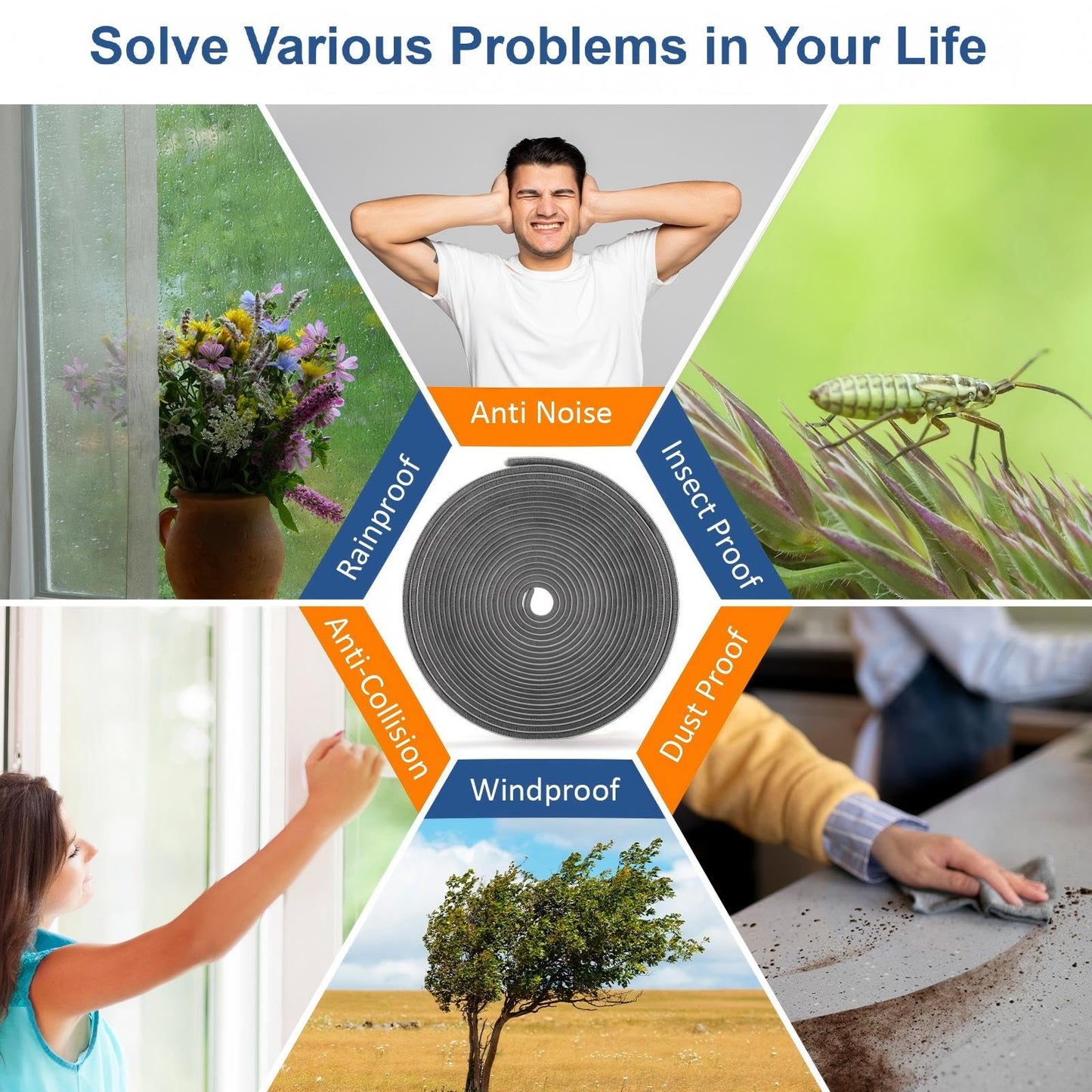 33FT Self Adhesive Door Soundproofing,Brush Weather Stripping for Door Frame & Sliding Windows, Seal Strip for Door Frame，Noise - Reducing, Weather Stripping Door Seal 0.21"x 0.35" Thick, Gray