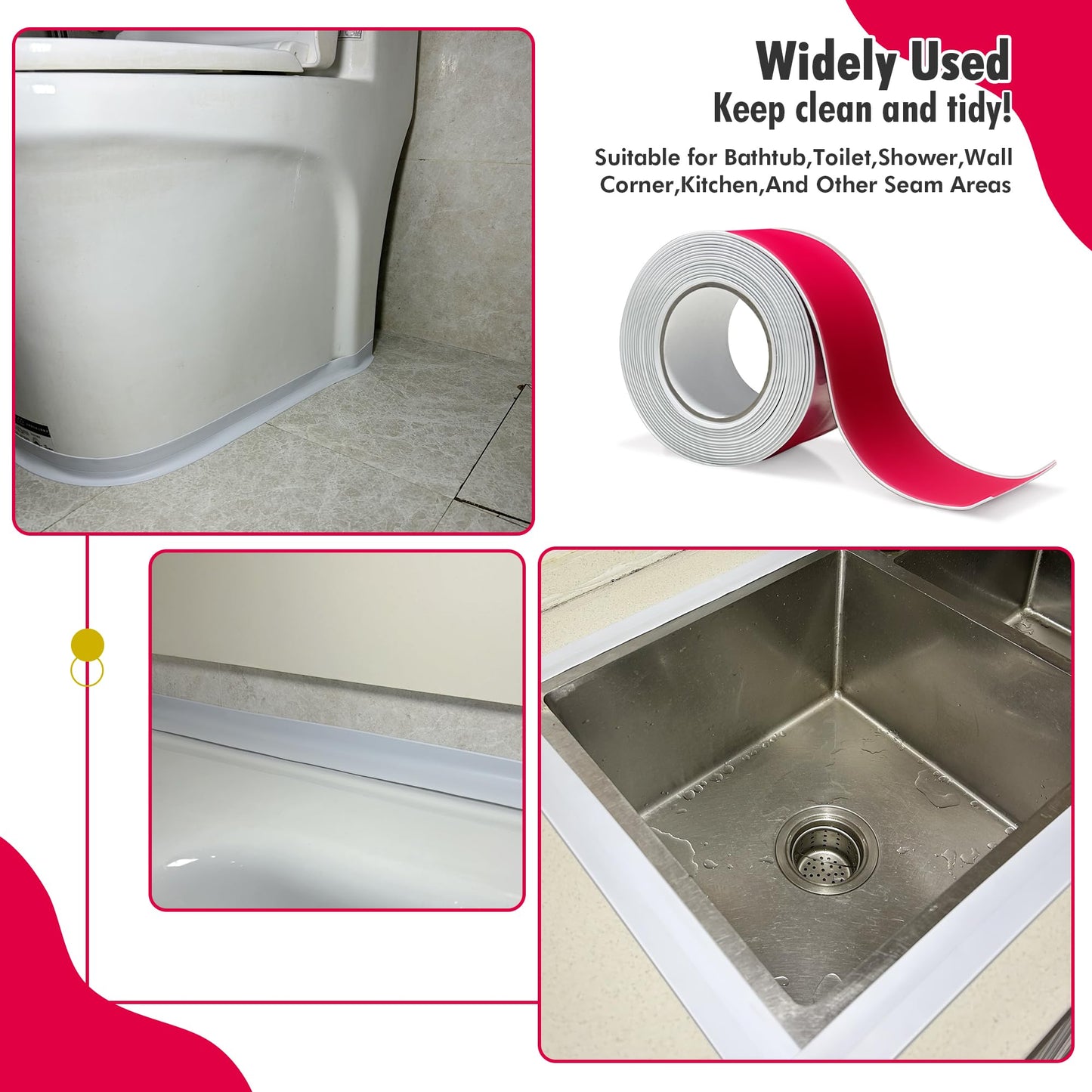 3 Rolls White Caulk Tape for Bathtub Self Adhesive，Peel and Stick Caulk Strip Waterproof，Toilet Base Sealer Strip，Toilet Sealant Tape