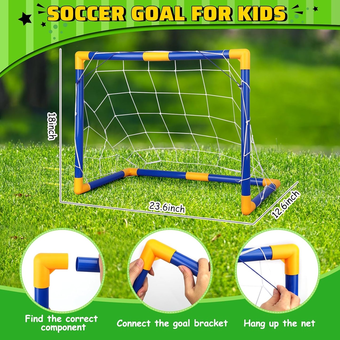 Soccer Goal Set with 3 Ball Pump for Toddler Kid, Portable Goals Training Equipment for Garden Indoor Outdoor Backyard, Birthday Gift for Boy Girl Sports Toy Family Game 23" W×18" H×12" D
