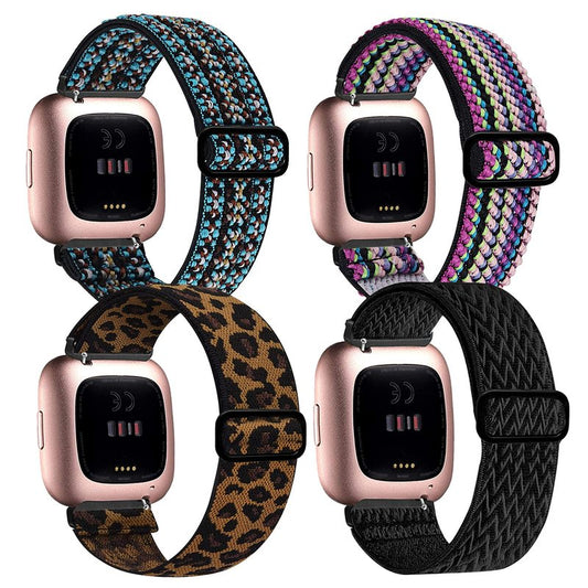 BOTNUW 4 Pack Elastic Bands - Compatible with Fit bit Versa 2, SE, Lite Wristbands - Soft Loop Nylon Adjustable Stretchy Replacement Straps for Women and Men