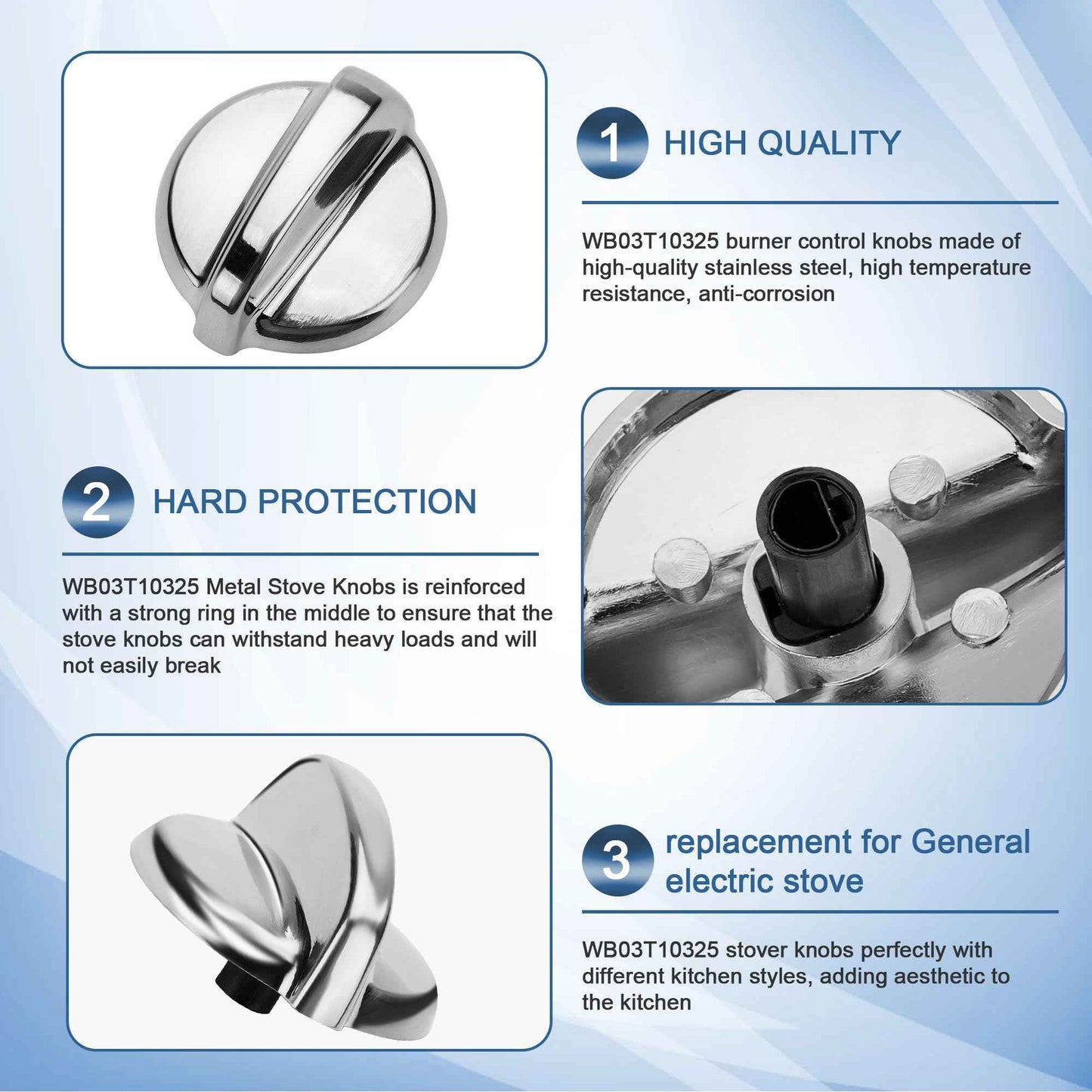 Fetechmate WB03T10325 Burner Control Knobs Replacement for G-E Stove Knob Replace 2691864 PS3510510 WB03T10325 Heavy Metal Knobs 6 Pack