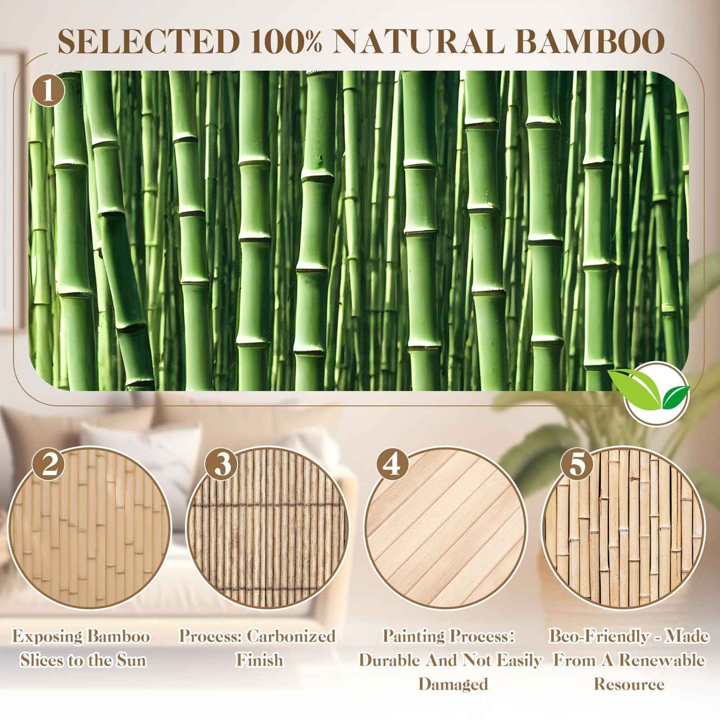 Juexica 1 Pcs Natural Bamboo Wall Panel for Interior Wall 48'' x 96'' Bamboo Covering Renewable Pole Wainscoting Room Divider Decor for Bedroom Living Room Kitchen Island Office (Light Carbonized)