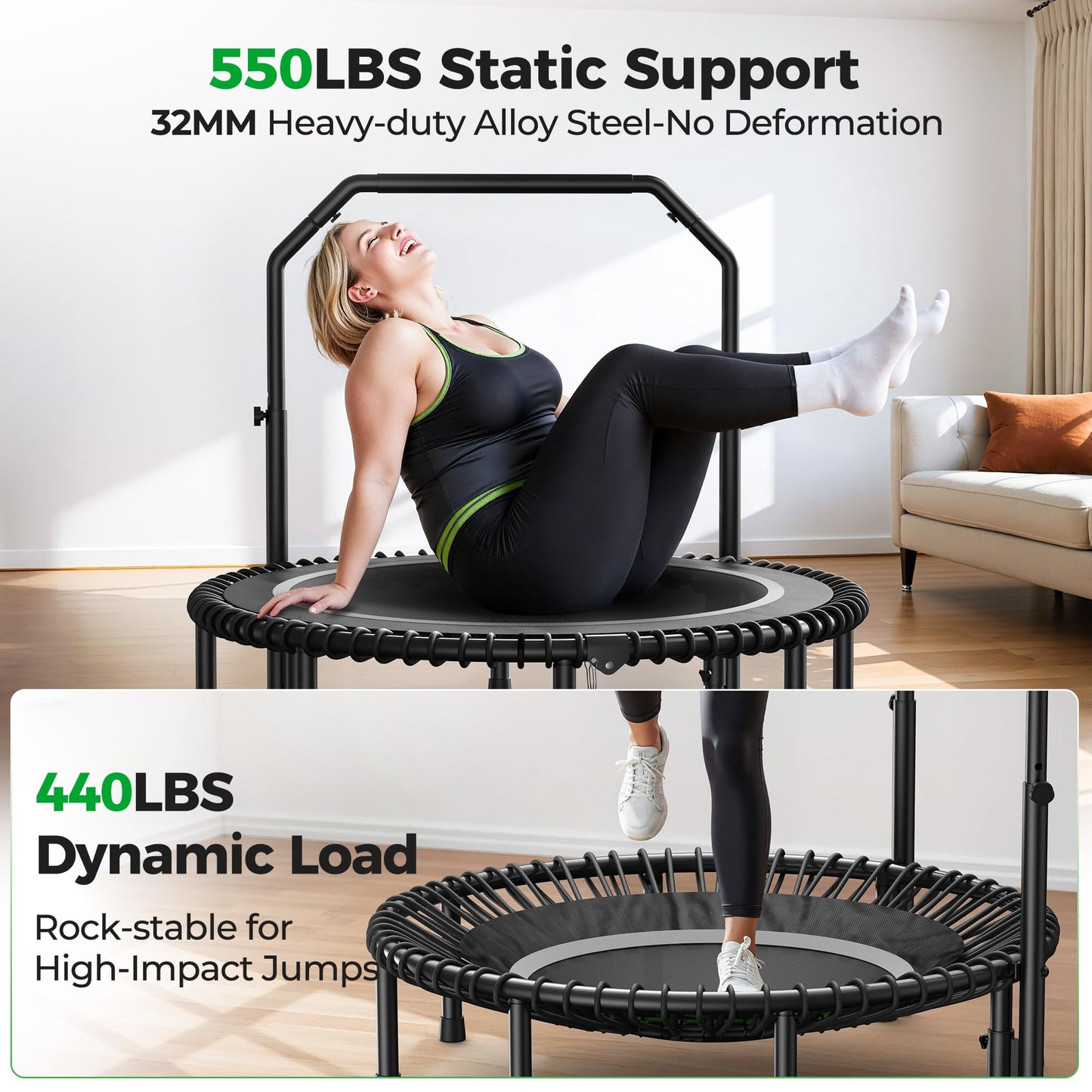 BCAN BT2 450/550LBS Mini Rebounder Trampoline for Adults with Bar, Fitness Trampoline with Bungees, Adjustable Handle, Stable & Quiet, Indoor Outdoor, Whole-Body Workout & Relaxation at Home-48IN-SLV
