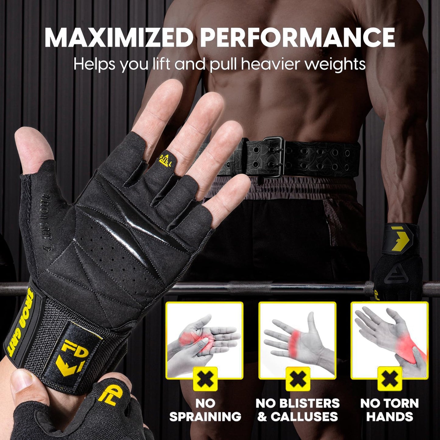 IRONGRIT Weight Lifting Gloves for Men and Women, with Cushion Pads and Silicone Grip, Gym Workout Gloves with Wrist Support for Bench Press, Weightlifting, Training, Pull-ups (Medium)