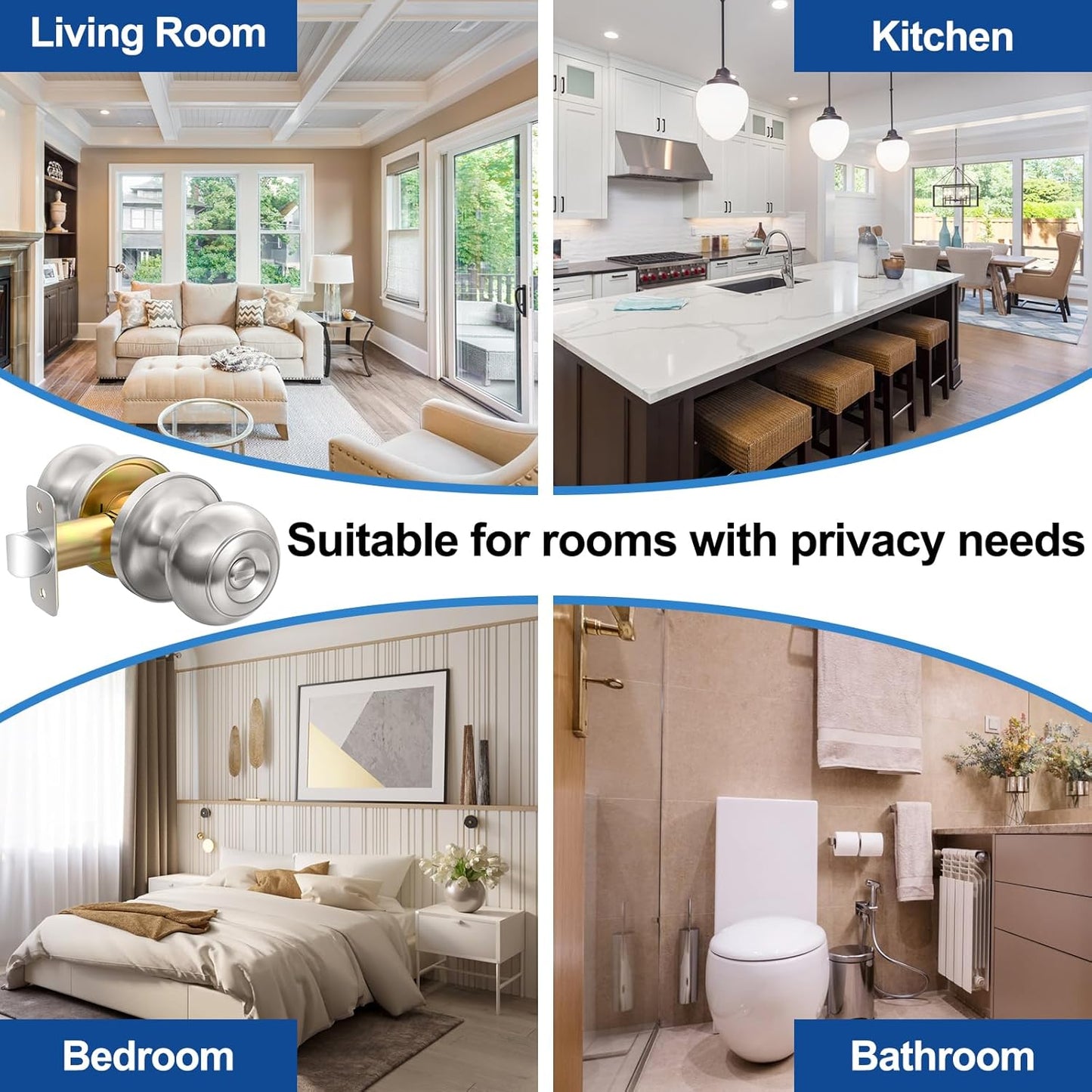 Brushed Nickel Privacy Door Knob Set - Keyless Interior Locks for Bedroom & Bathroom (6 Pack)