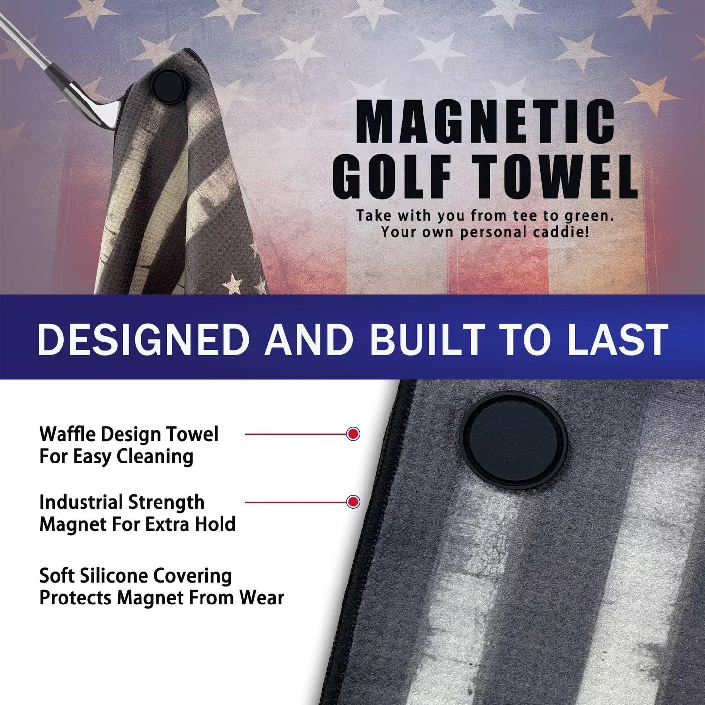 FCYDMN Magnetic Black American Flag Golf Towel 24×16 Inches Golf Towels for Golf Bags with Magnet and Carabiner Clip