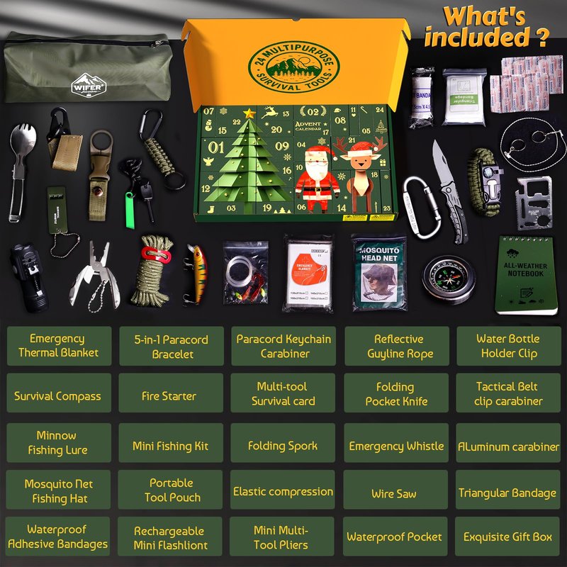 WiFER Survival Kit Advent Calendar 2025 for Men – 24 Days Christmas Countdown Survival Tools for Adult Teen, Xmas Holiday Surprise Gifts for Outdoor Enthusiasts, Camping, Fishing, Hunting, Hiking