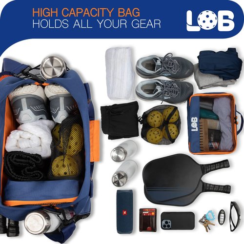 LOB Pickleball Bags for women men Tote Carry Bag with Bottle Holders, Fits 2 Paddles, 2pc Accessories (Pouch, Mesh Ball Bag), Durable Lightweight, BLUE and ORANGE