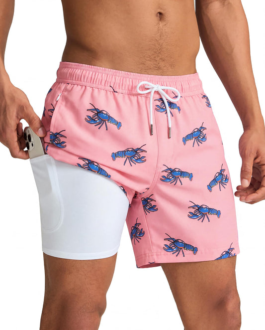 maamgic Mens Swim Trunks with Compression Liner 5 Inch, Quick Dry Bathing Suit with Zipper Pockets, Stretch No-Chafing Swim Shorts, Pink-Blue Crayfish Large