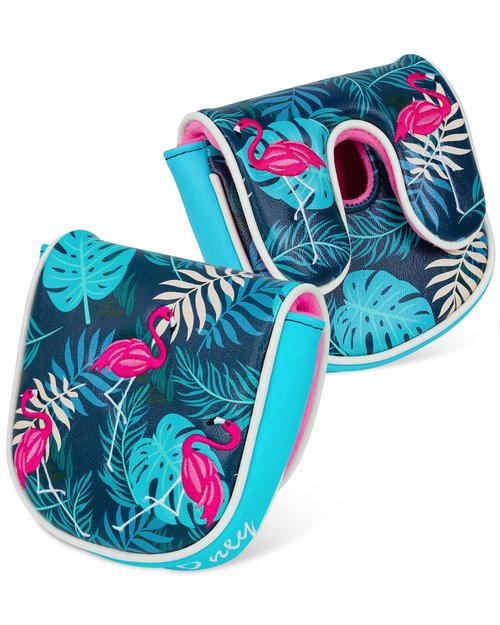 Big Teeth DF3 Putter Headcover for LAB Golf DF3 Zero Torque Mallet Putter – Leather Magnetic Closure Center Shaft Mallet Putter Cover – Tropical Flamingo & Palm Embroidery, Water & Stain Resistant
