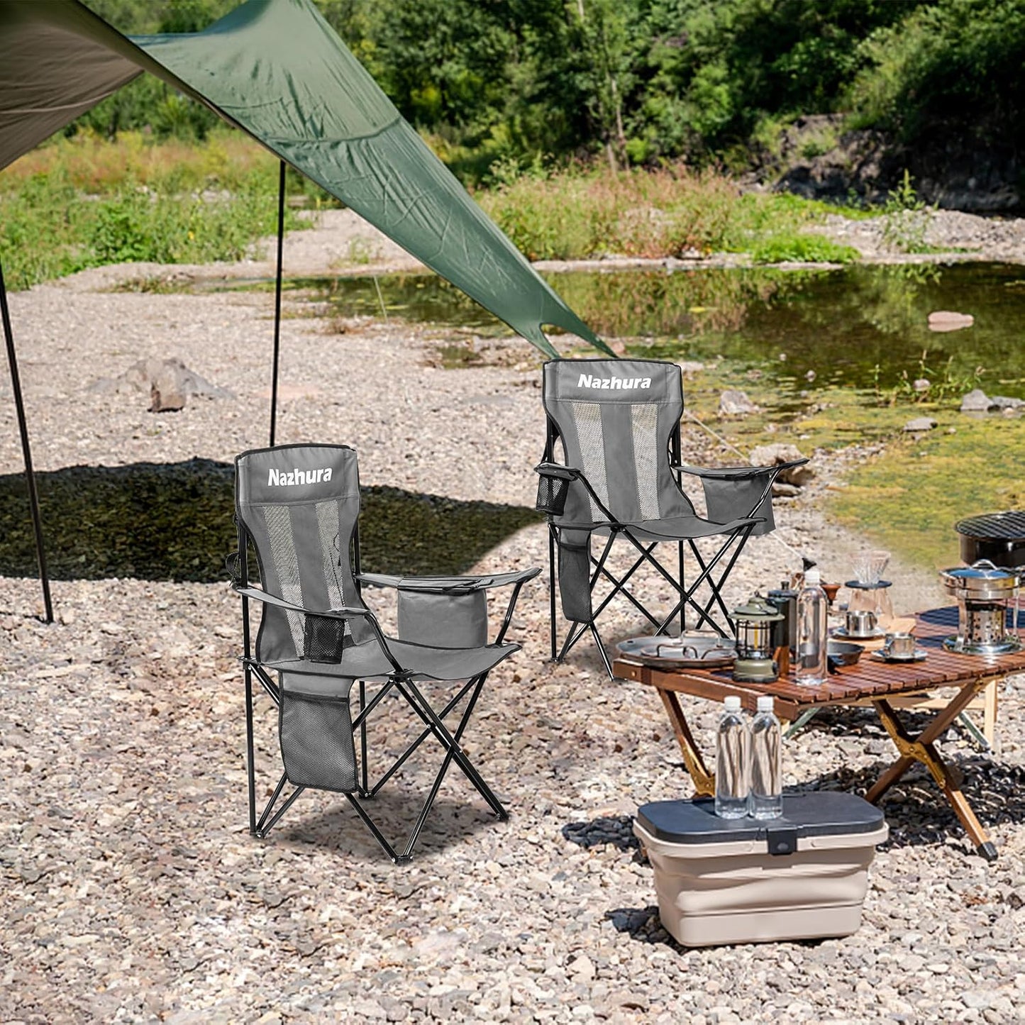 Nazhura Portable Folding Camping Chairs - Mesh Backrest & Cooler Pouch | Grey, Set of 2