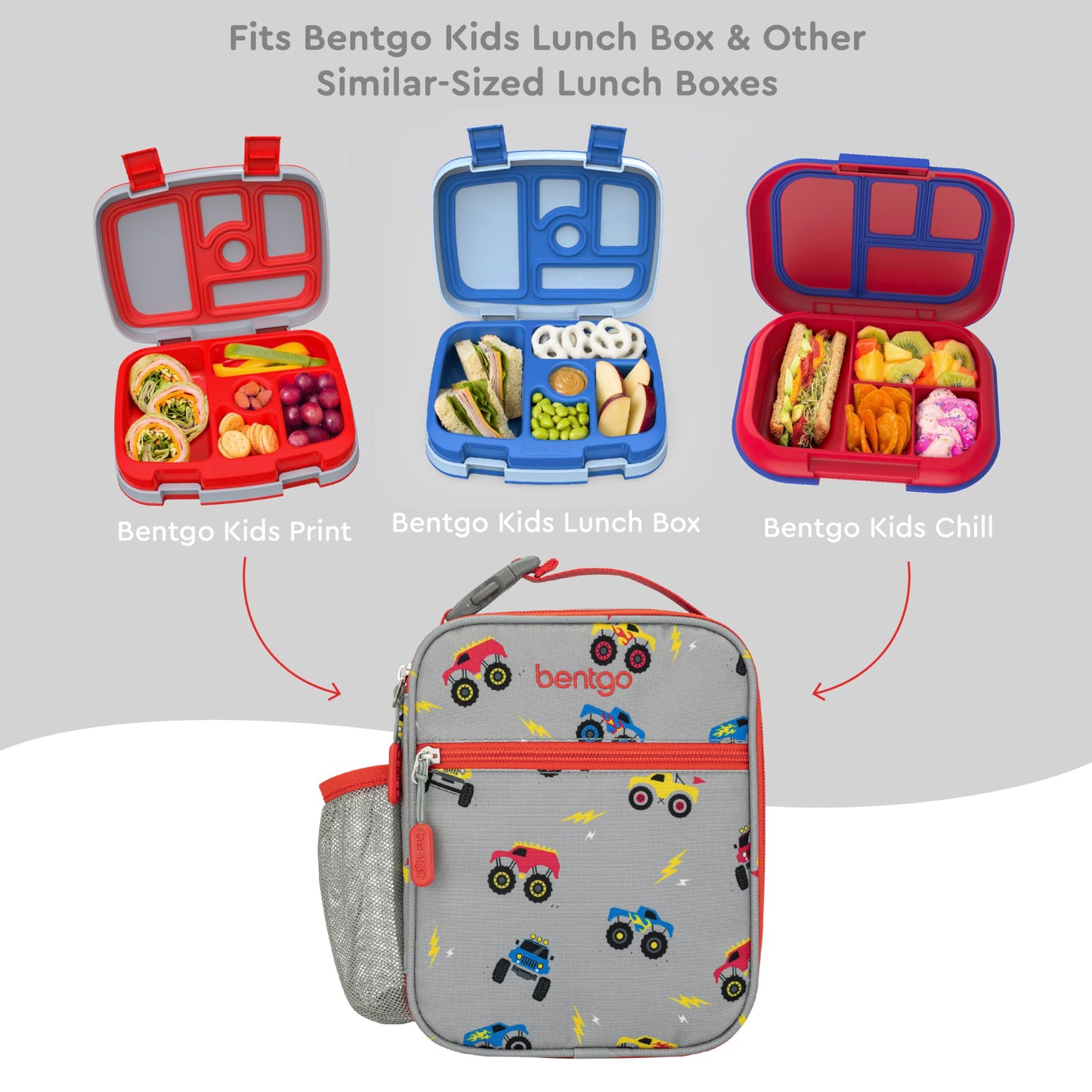 Bentgo Kids Insulated Lunch Tote - Water-Resistant, Reusable, Lightweight & Durable Lunch Bag with Water Bottle Holder & Exterior Pocket, Fits Lunch Box & Water Bottle - Ideal for Ages 3+ (Trucks)