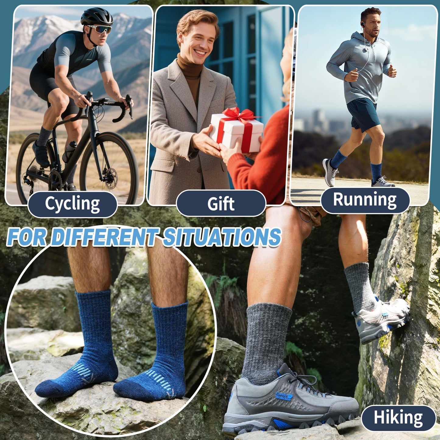 SAVALOS Merino Wool Hiking Socks for Men Thermal Warm Winter Cozy Work Crew Gifts Socks Stocking Stuffers 5 Pairs(Arrow-Mixed,M)