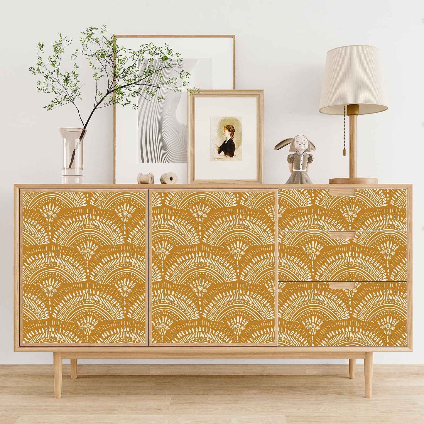 VEELIKE Mustard Yellow Geometric Peel and Stick Wallpaper Boho Geometric Wallpaper Removable 17.7''x118'' Renter Friendly Art Deco Wallpaper Peel and Stick for Bedroom Bathroom Accent Walls Cabinets