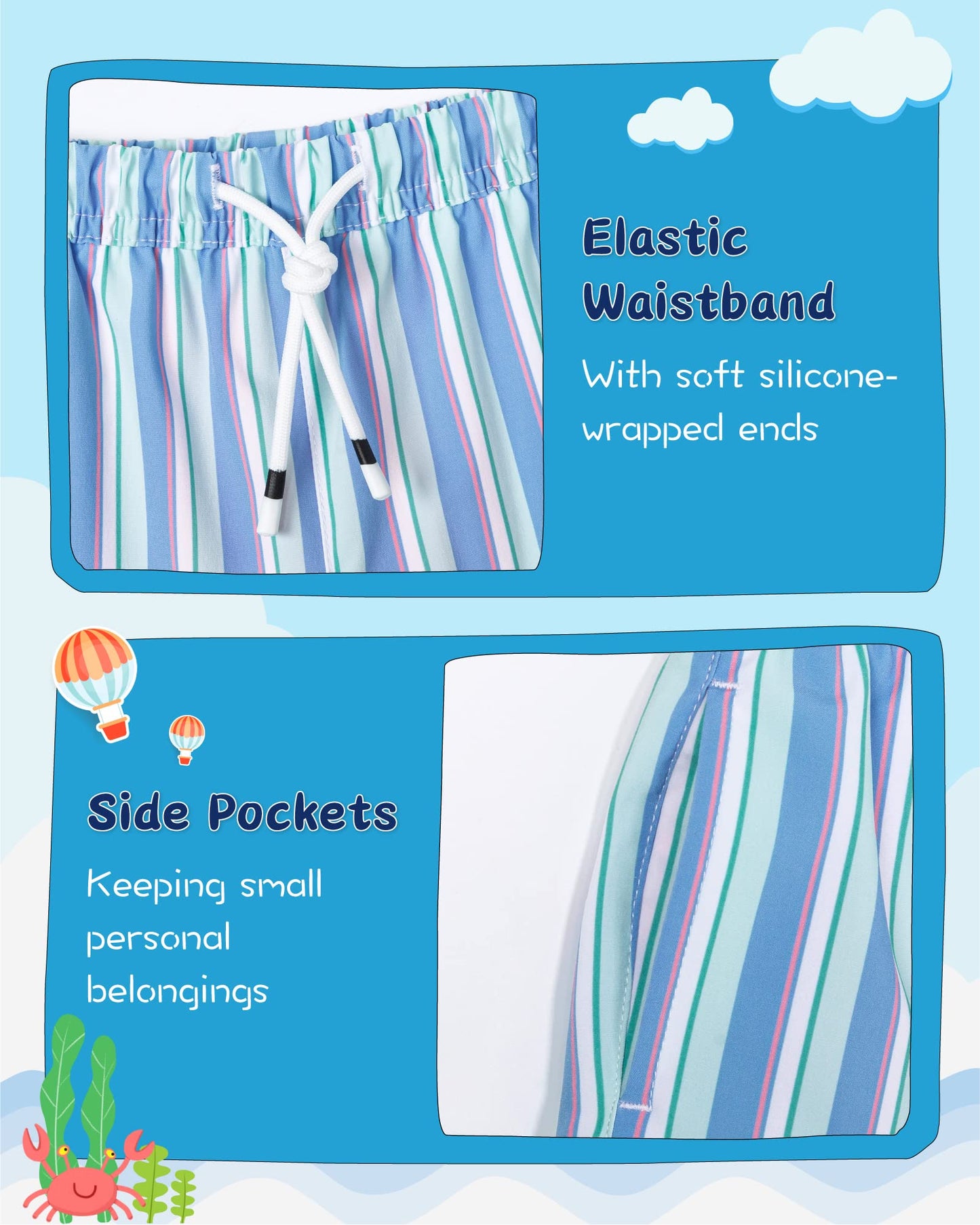 SURF CUZ Boys Swim Trunks with Boxer Brief Liner 2 in 1 Toddler Stretch Swimsuit Shorts Quick Dry Swimming Bathing Suit Blue Orange Stripes 10/12