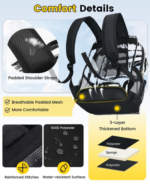 Vorspack Clear Backpack Heavy Duty - Extra Large Clear Bookbag Transparent See Through Backpacks for College Work Festival - Black