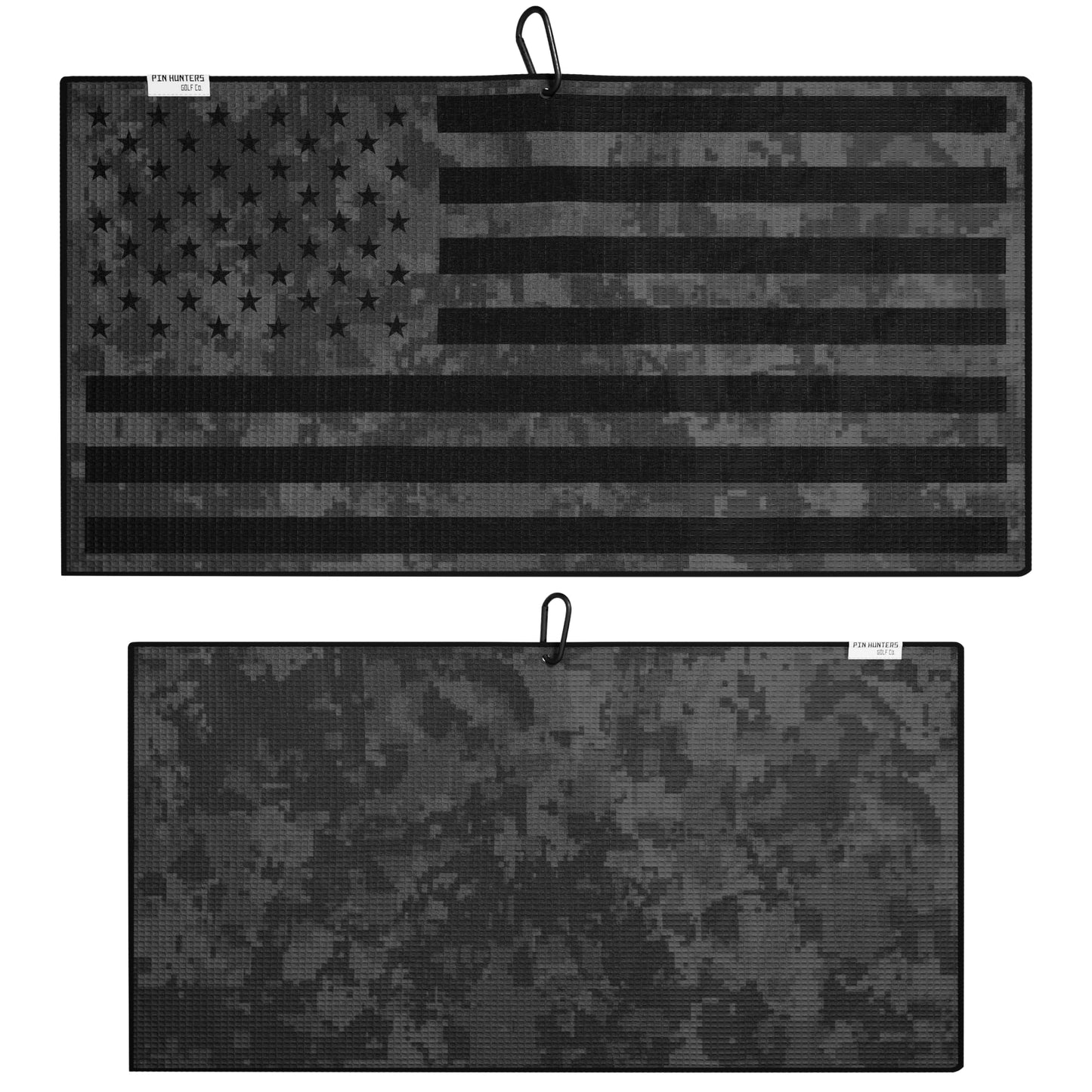 Pin Hunters American Flag Microfiber Golf Towel | Black Camo | Premium Waffle Towel with Clip | Large 31"×15.5" Towel for Golf Bags | Accessories for Men | Fun Gift for Husband | USA Pride