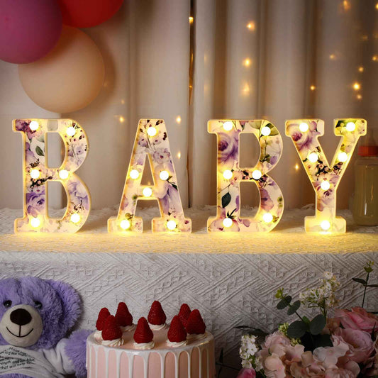 Realspring Woodland Greenery Centerpieces Baby Marquee Light up Sign Letters 8.26'' Baby Shower Letter Battery Operated Gender Reveal Birthday Party Decor for Home Table (Purple)