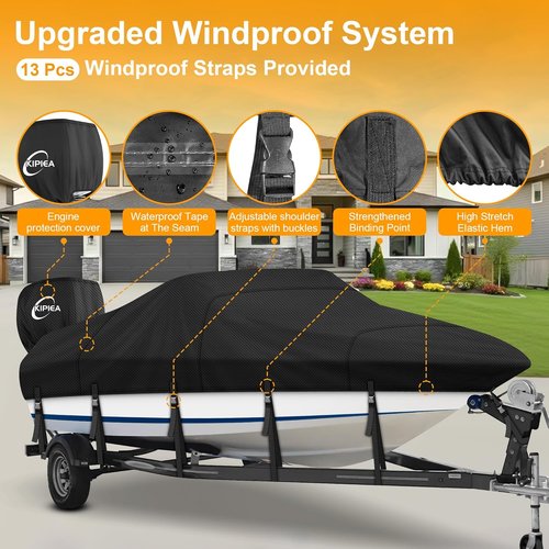 Kipiea 1300D Boat Cover - Heavy Duty Waterproof Protection for V-Hull & Bass Boats (14'-16' Long)