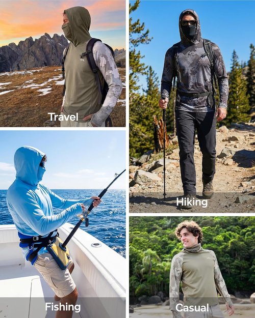 Maamgic Men's Fishing Shirt - UPF 50+ Sun Protection Hoodie with Detachable Face Mask, Long Sleeve