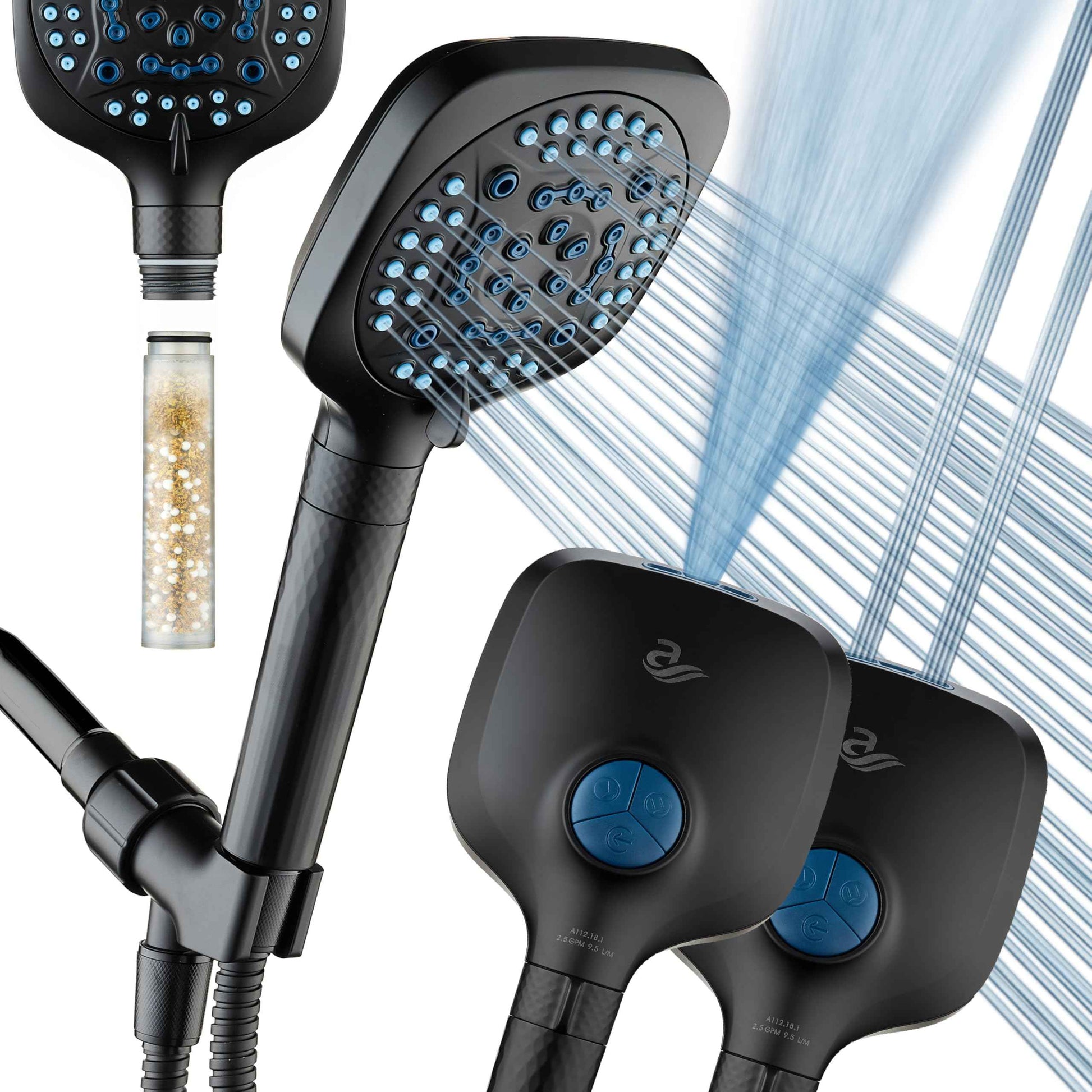 AquaCare 4X High Pressure 10 Spray Mode Filtered Showerhead - Handheld Shower Head Filters Chlorine to Heal Dry Skin, Revive Hair - Dual Power Wash Cleans Tub, Tile, Pets - Hard Water Softener, Black