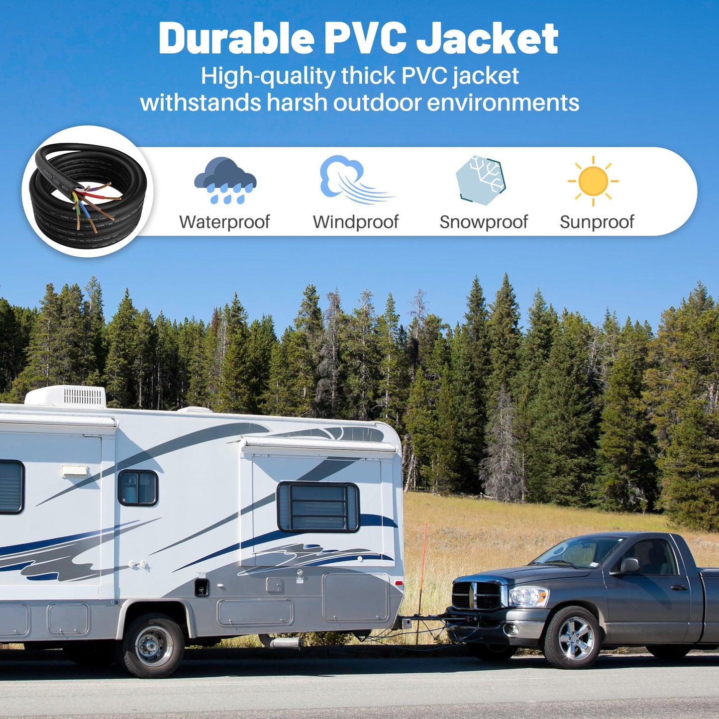 7 Way Trailer Wire 100FT, Heavy-Duty 14 Gauge Copper Clad Aluminum Cable, 14AWG 7 Pin Trailer Wiring with Color-Coded Jacket, Insulated Stranded Extension Cable for Utility Trailer, RV, Automotive