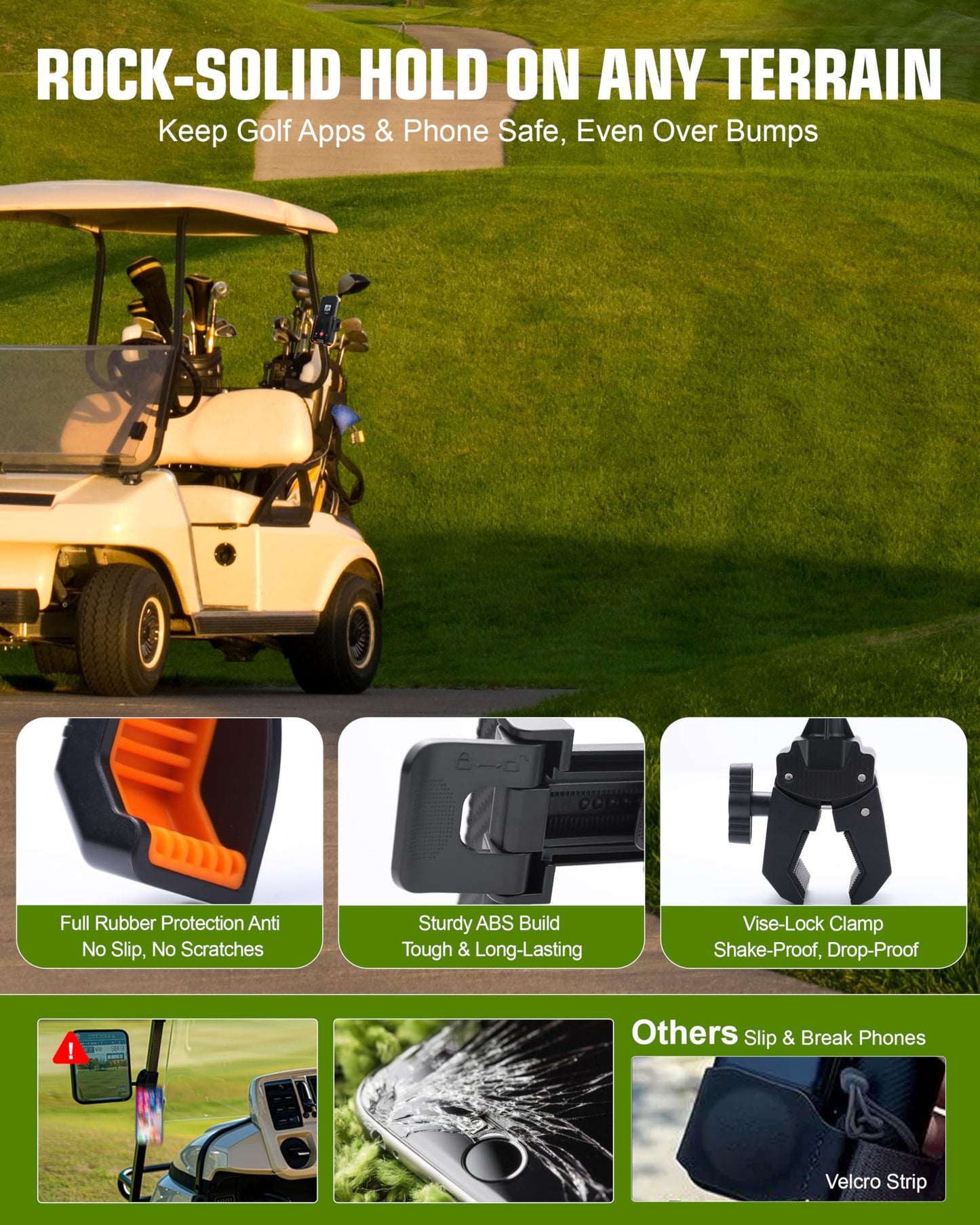 XEEP Golf Cart Phone Holder Mount, 3s Phone Clip Install, 1s Lock & Release, 360° Rotation Golf Phone Holder Compatible with EZGO/Club Car/Yamaha, Golf Cart Accessories for All 4.5-7"