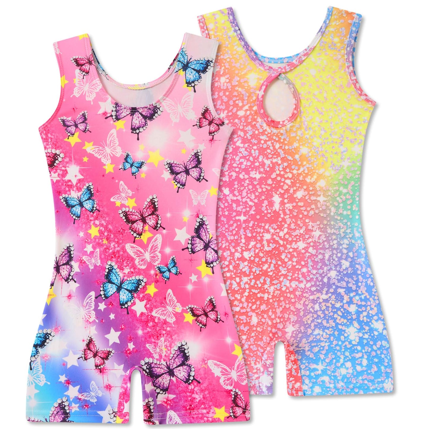 Taubow 2 Packs Gymnastics Leotards for Girls 4t 5t Rainbow Butterfly Tumbling Outfit Biketard with Shorts Gymnastics Outfit