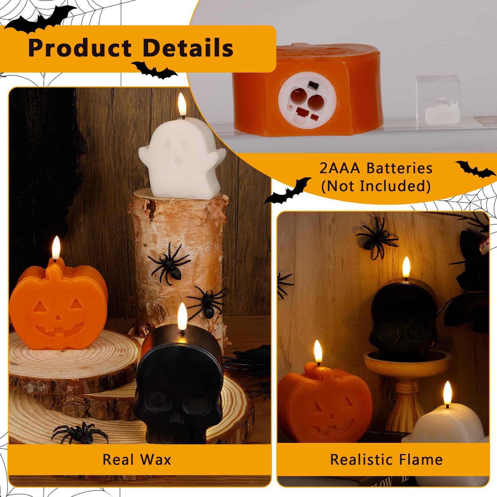 Halloween Flameless Candles with Remote, Real Wax Ghost, Pumpkin, Skull Battery Operated Candles, Flickering LED Fake Candle, Halloween Decorations for Table, fireplace, Home, Party, Festival Decor