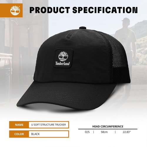 Timberland Trucker Hat for Men, Soft Structured Nylon Baseball Cap, Adjustable Mesh Back, Curved Brim, Breathable & Lightweight – One Size, Black