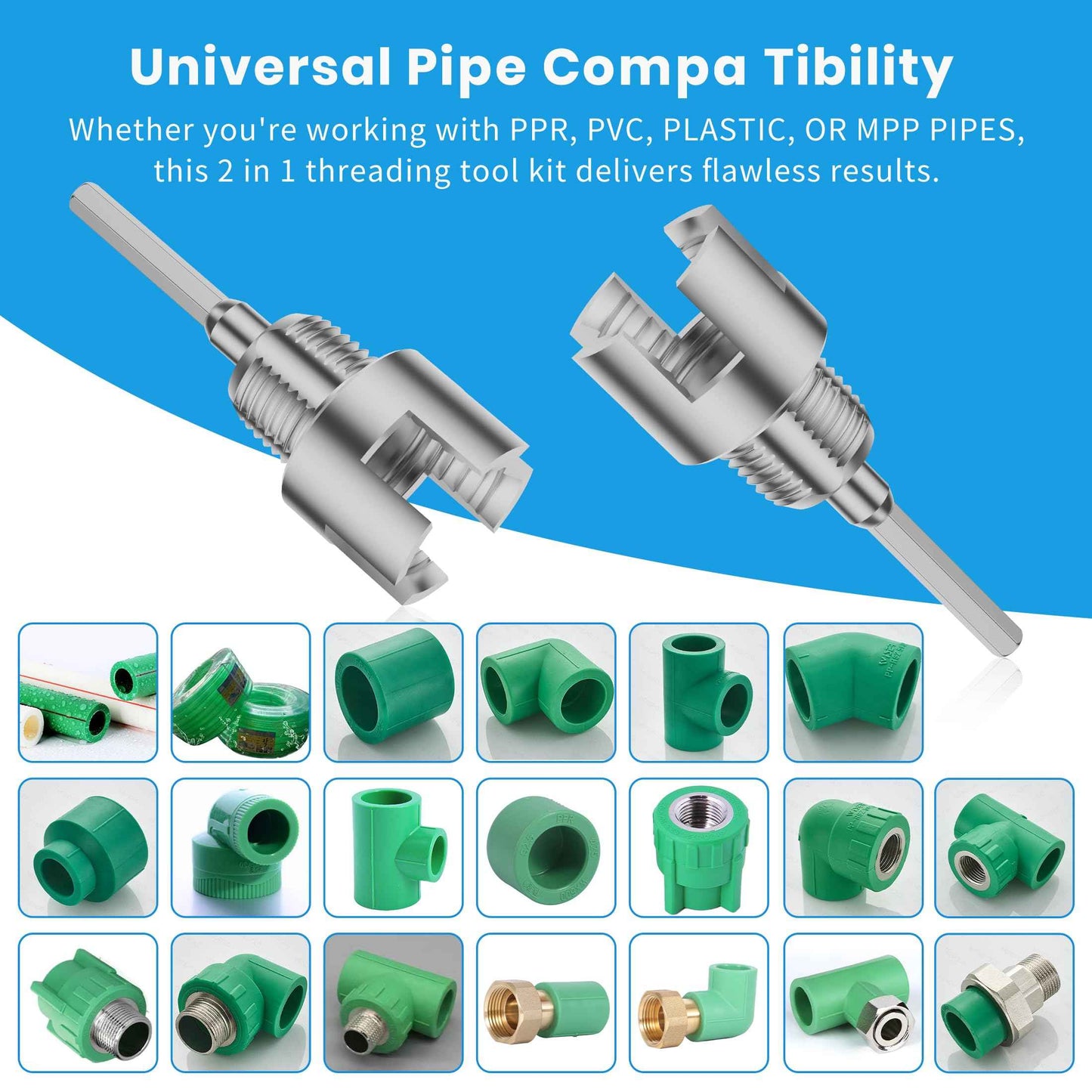 2Pcs Pipe Threading Tool, Integrated Internal & External Pipe Threading Tool, 1/2" and 3/4" PVC Pipe Threader, Electric Drill Compatible Dual-Function 2 in 1 Plastic PVC Pipe Threading Tool, Primary