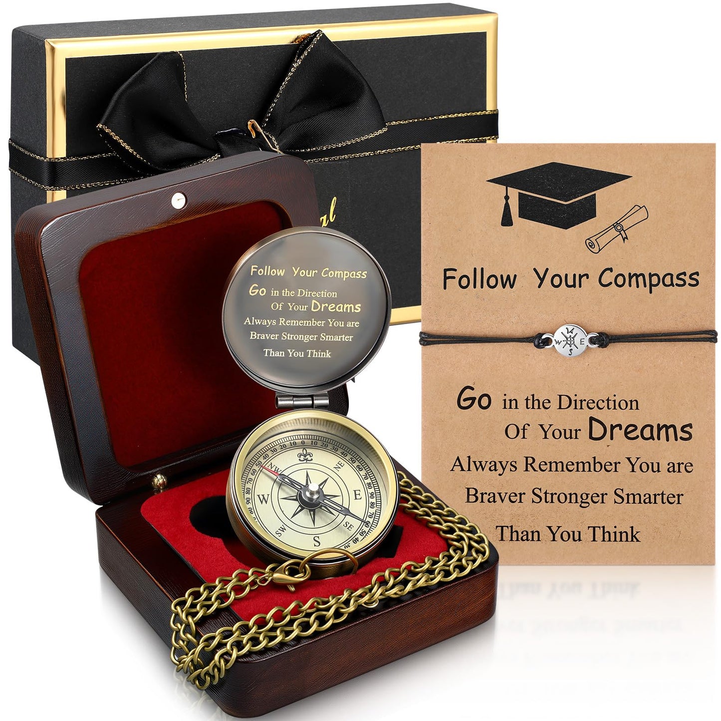 Compass Gift Set Engraved Compass with Chain Souvenir Present Bracelet with Greeting Card Walnut Wooden Box Gift Box for Graduation Father's Day Adventure Birthday Baptism Party Favors(Graduation)